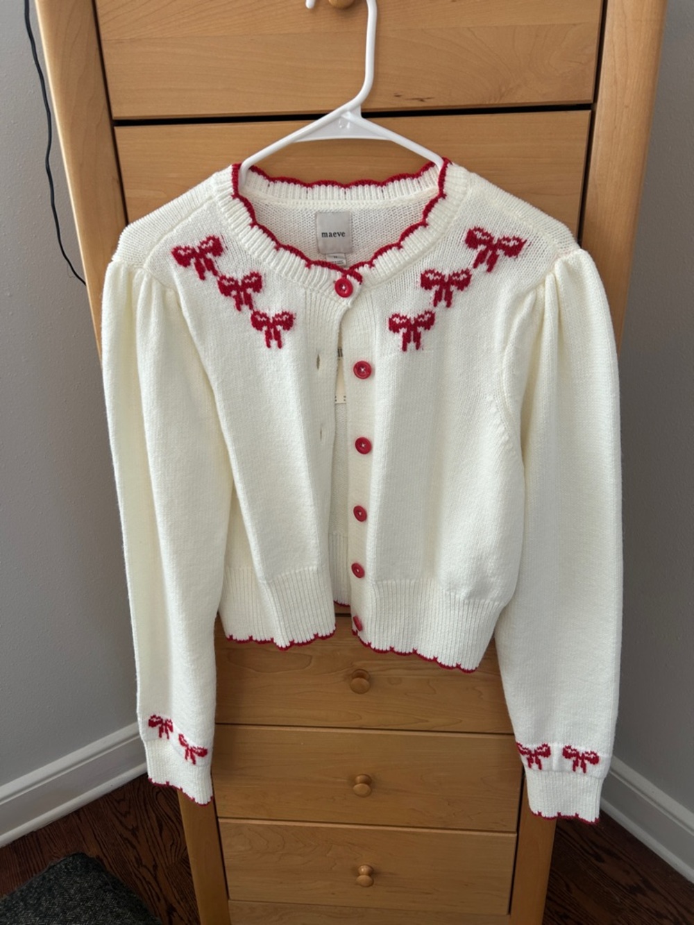 Maeve Cream Cardigan with Red Bow Accent, NWT, Medium